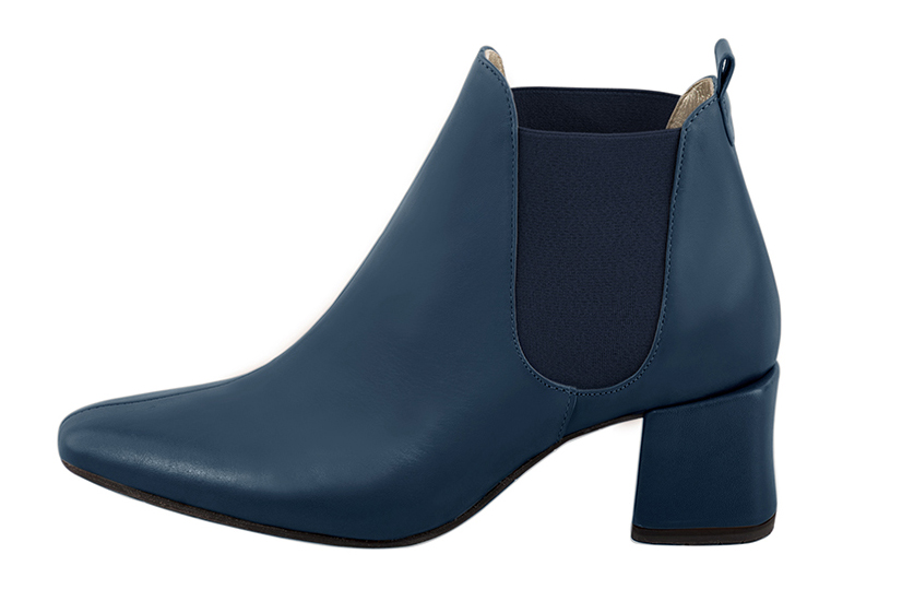 Women's denim blue elegant Chelsea ankle boots, with side elastics. Square toe. Medium block heels - Profile view